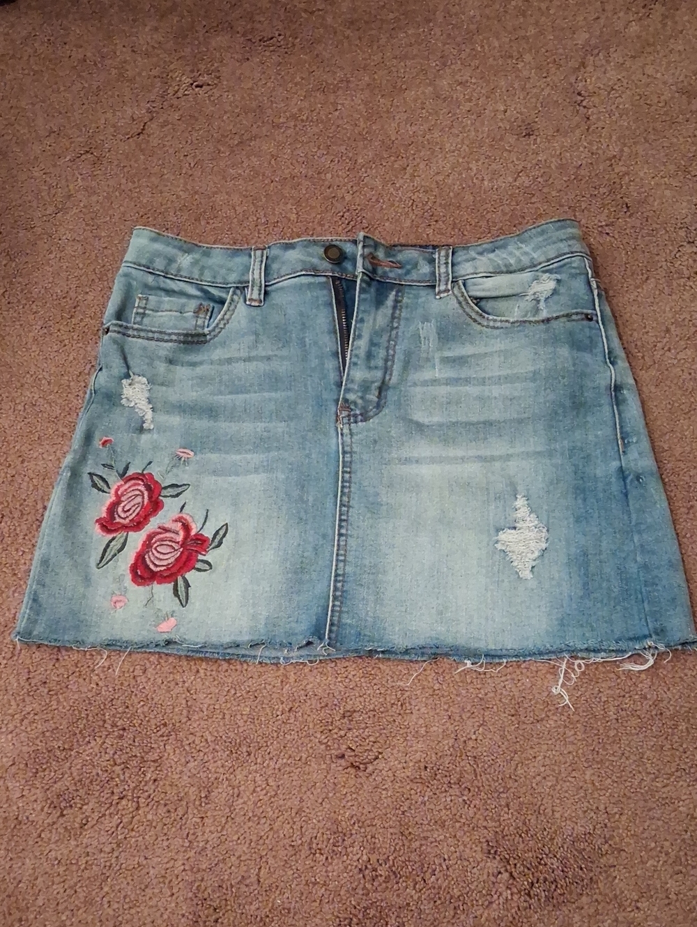 Angel Kiss Light Blue Denim Mini Skirt with Red Rose Embroidery